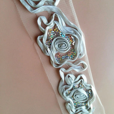 Silver Rose Lace Trim With Silver Sequins, Approx. 65mm Wide - 200317L141